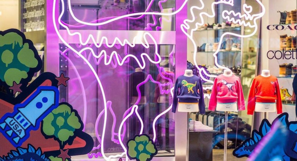A store filled with lots of colorful graffiti