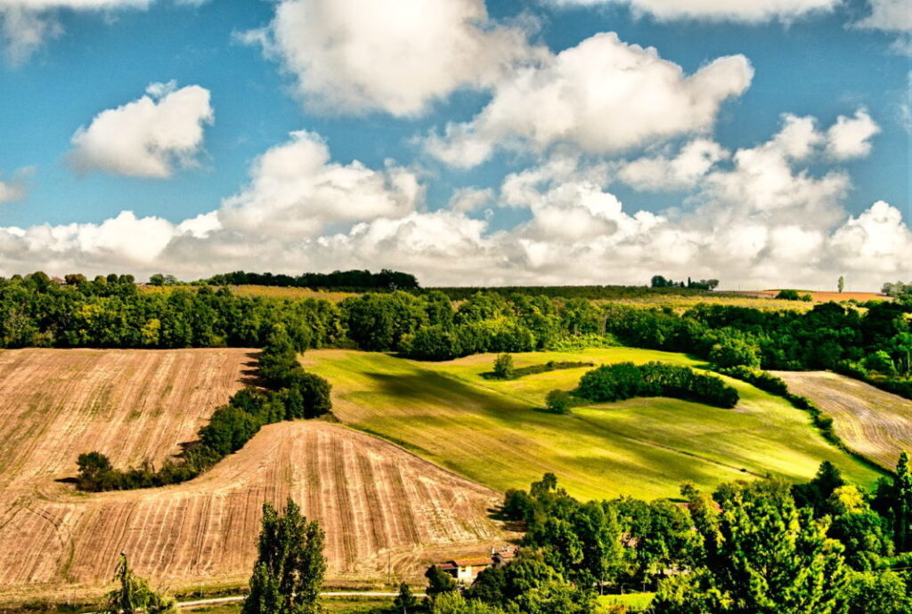 A large green field with clouds in the sky