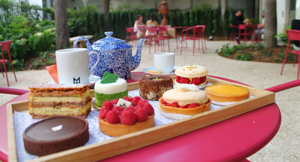 Assortment of pastries on wooden tray