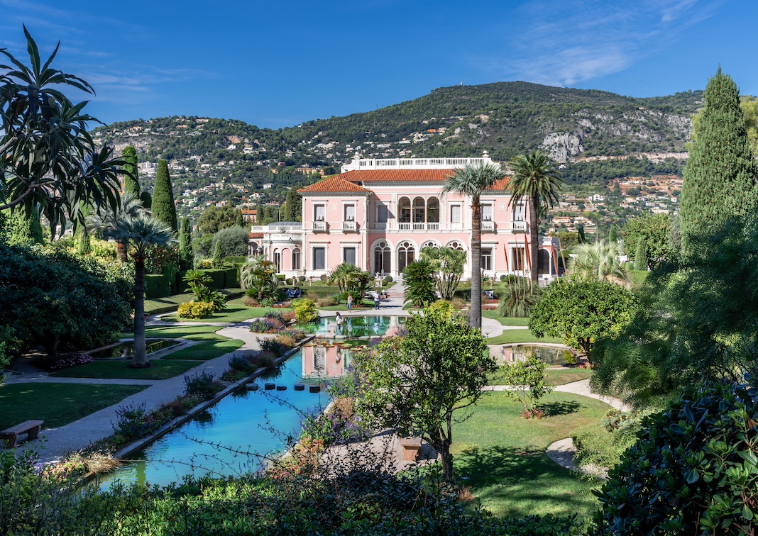 Landscape view of Villa Ephrussi de Rothschild and the beautiful formal garden in Saint Jean Cap Ferrat in France