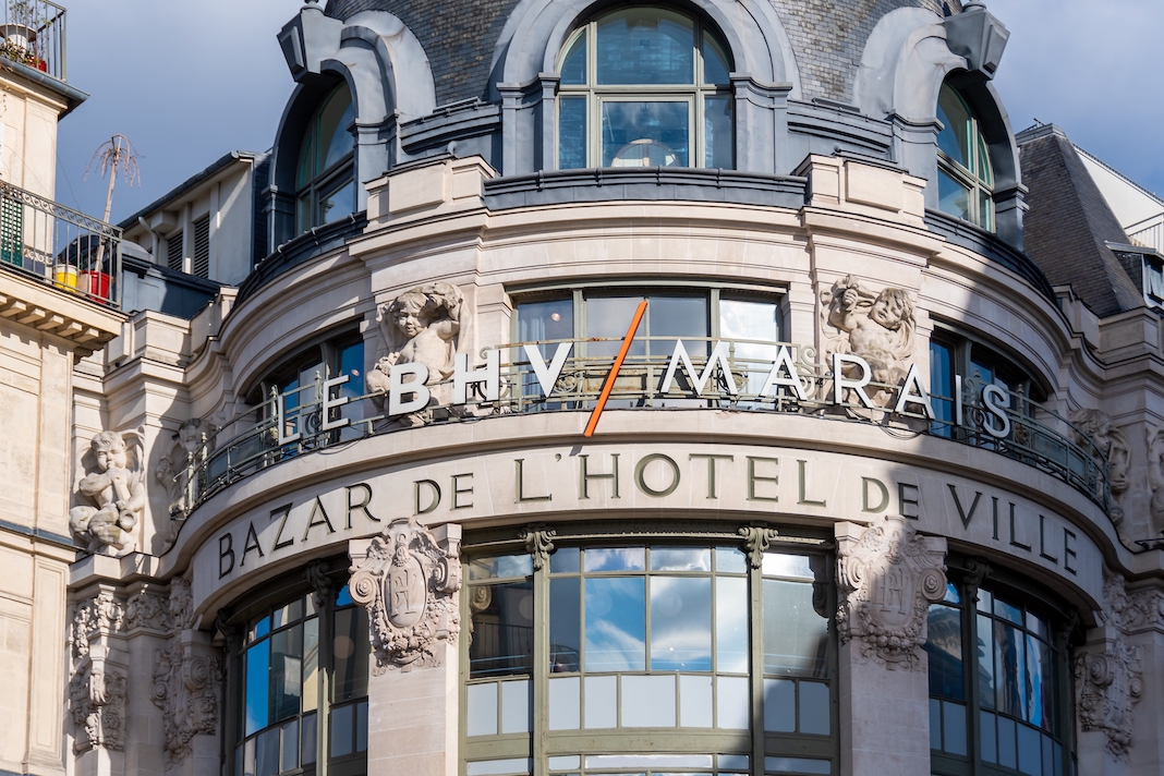 Paris, France - February 26, 2023: Detail of the facade of Bazar de l'Hotel de Ville, renamed BHV Marais since 2013, a Parisian department store located in the 4th arrondissement of Paris, France