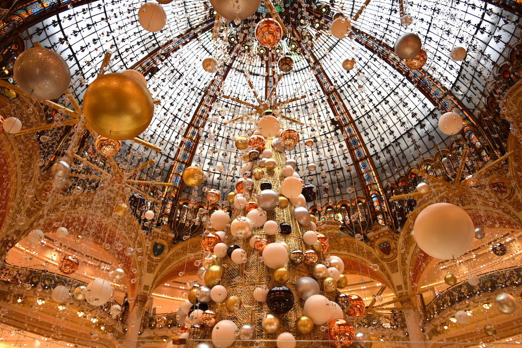 Paris, France - October 30, 2015: Christmas decoration on display in Galeries Lafayette.