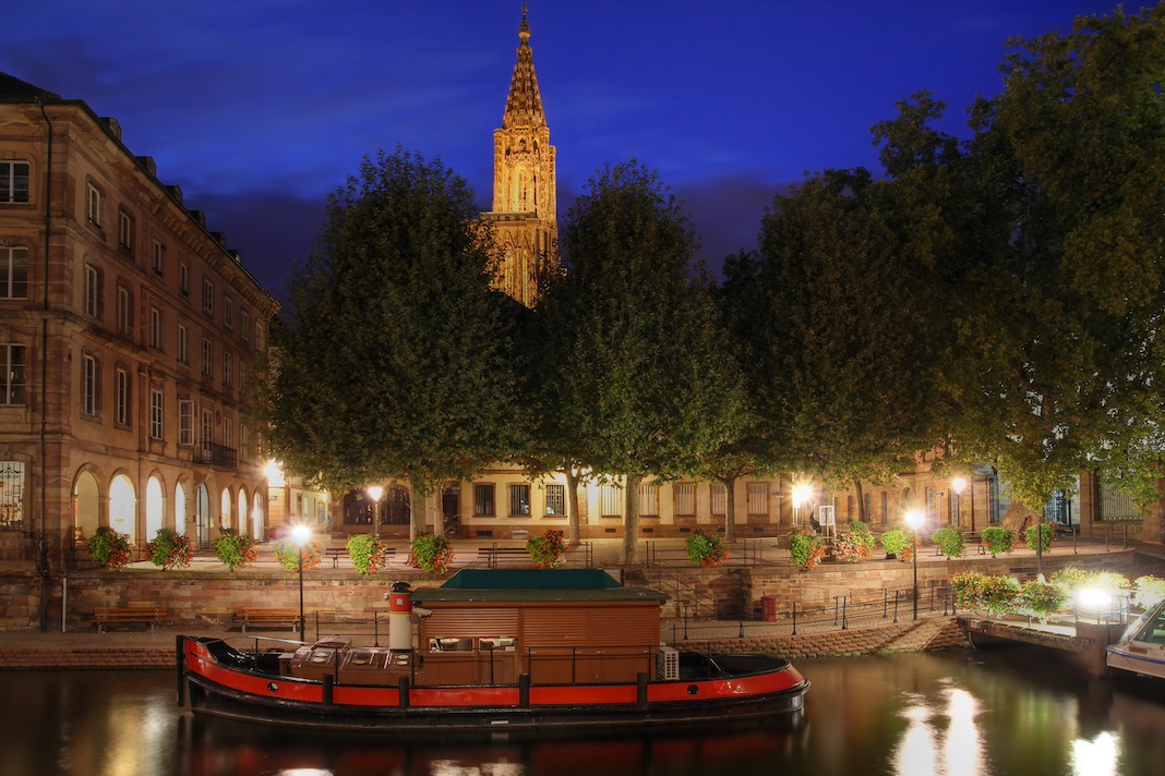 Fishmarket Square (Place du Marche au Poisson) in the old quarter of Strasbourg, France at night