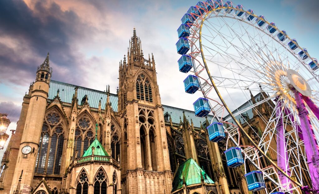 City of Metz, France, Cathedral Saint-Etienne with Christmas market and big wheel