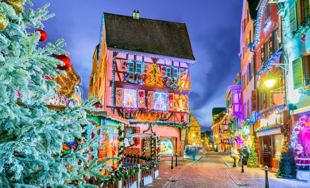 Colmar, Alsace. Marche de Noel is famous alsacian Christmas Market with gingerbread houses and local craftsmen, beautiful Europe.