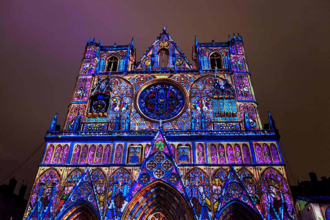 LYON, FRANCE - DECEMBER 8: Lyon Cathedral, a Roman Catholic cathedral dedicated to Saint John the Baptist during Lumiere light festival in Lyon, France on December 8, 2012.