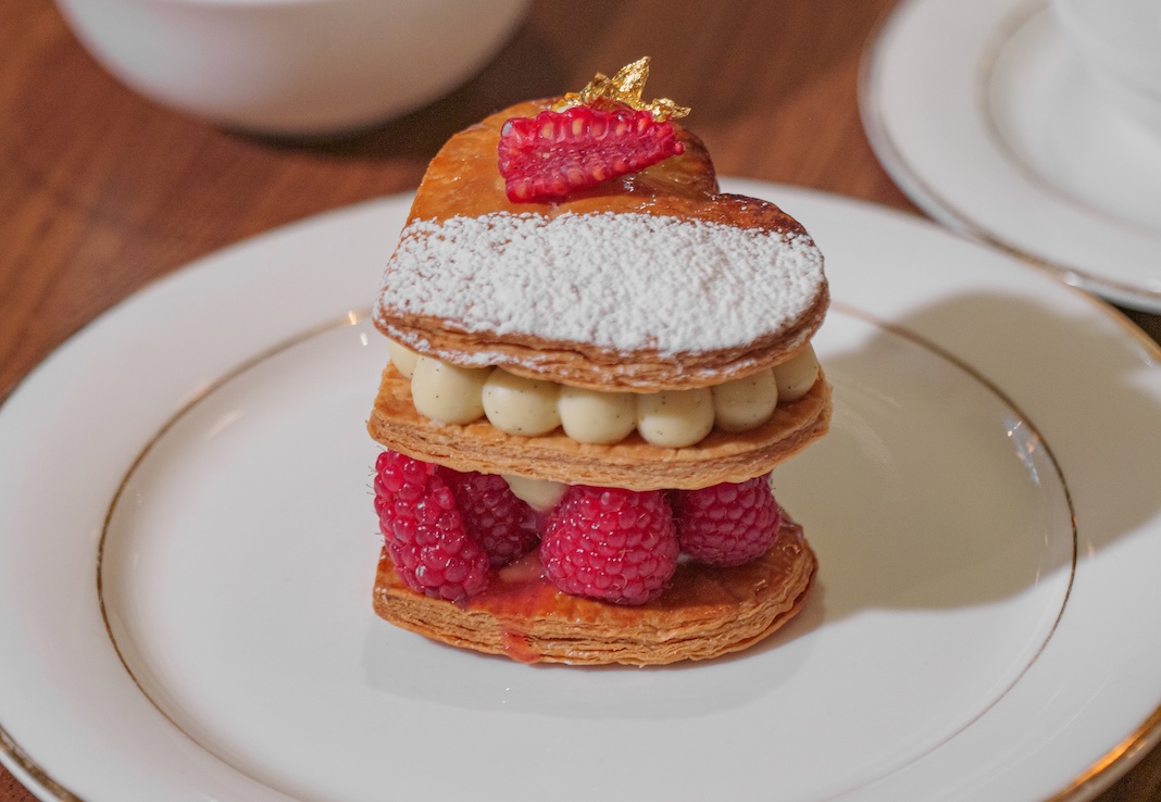 Heart-shaped mille feuille with raspberries