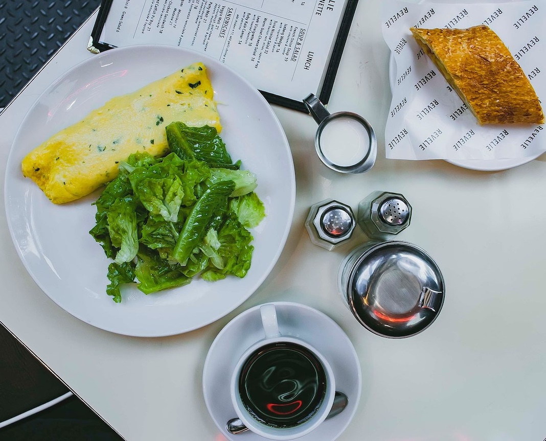 Omelette and coffee on table