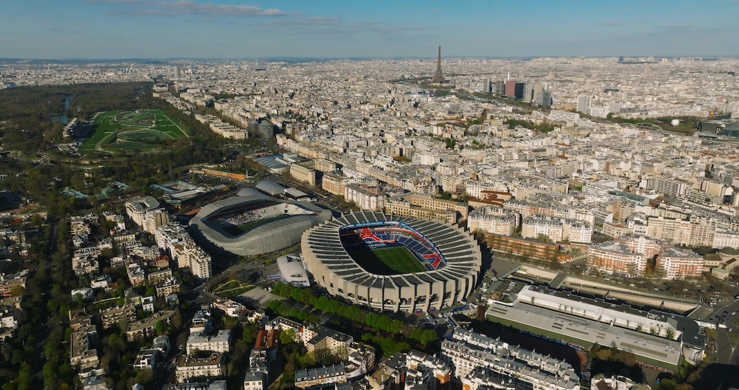 Paris, France, 05 April 2023: Drone view of a modern sports stadium in Paris prepared for the Summer Olympic Games in the French capital in 2024. Sports facility in Paris