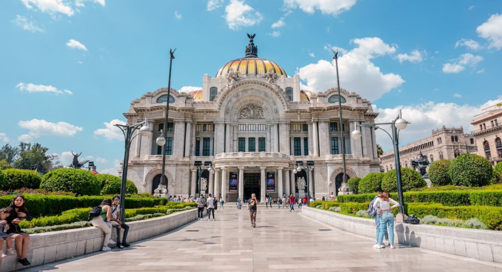 Mexico City, Mexico; August 09 2022: palace of fine arts seen from the front under the blue sky.