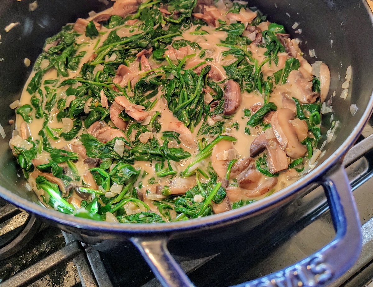 Spinach and mushroom filling in a Dutch oven