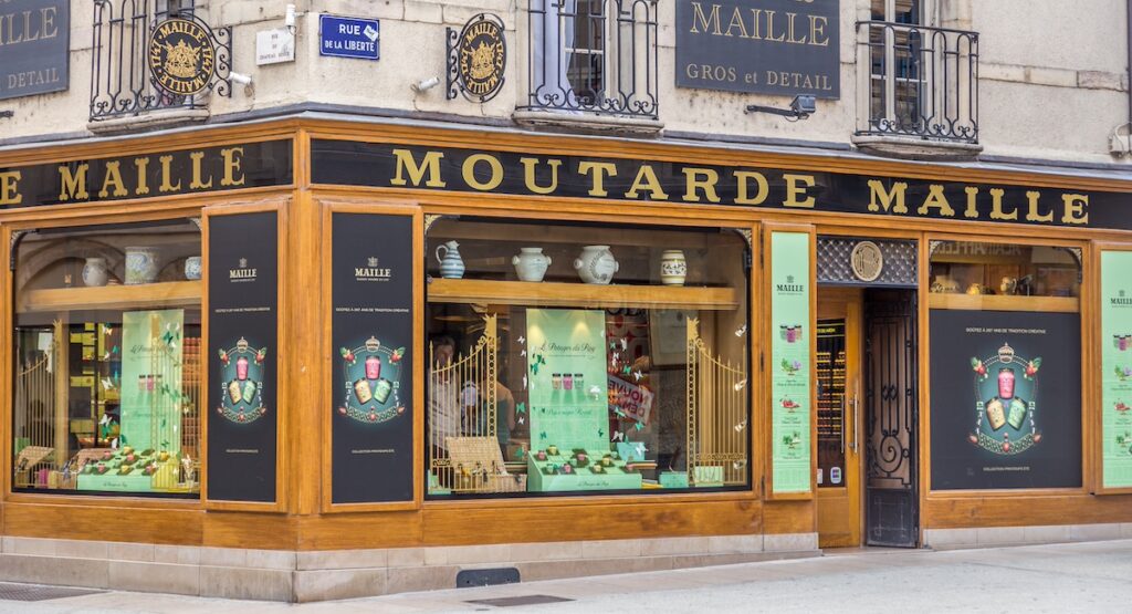 The "Maille" boutique at Dijon (La Maison Maille), where the famous Dijon mustard brand sells gourmet mustard pots and pickles.
