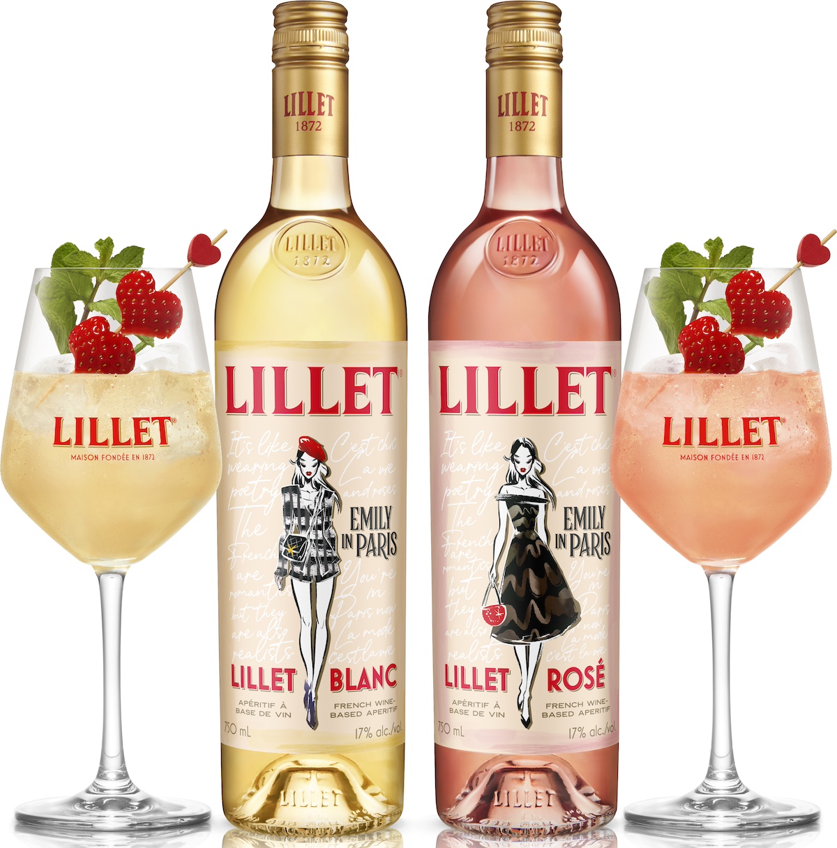 Lillet Blanc and Rosé bottles with cocktails