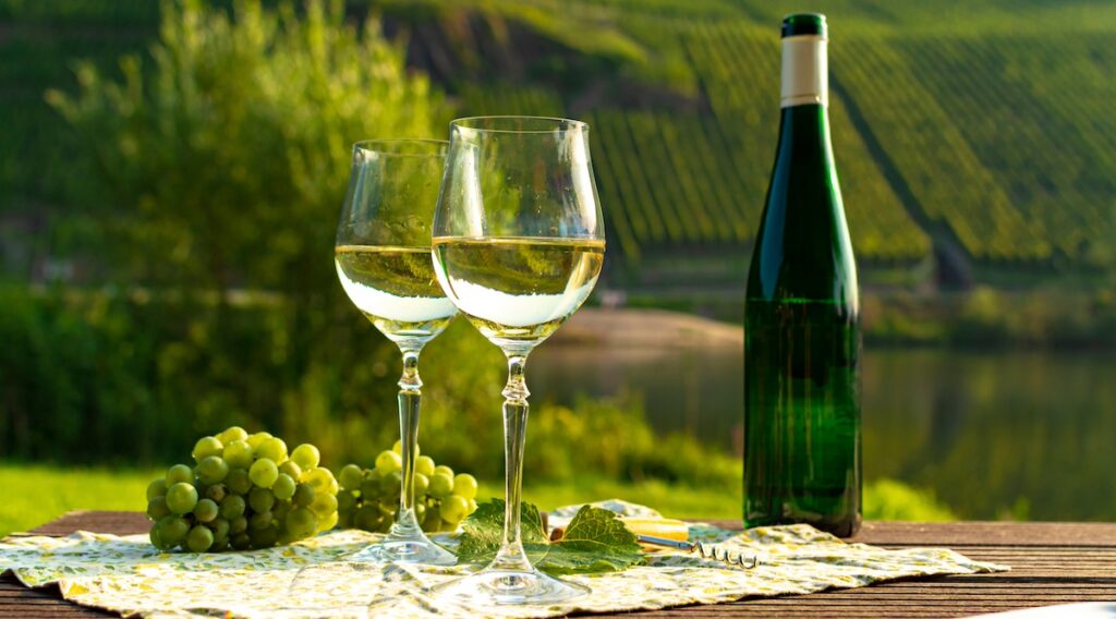 Riesling wine bottle and glasses of white wine with vineyard backdrop.