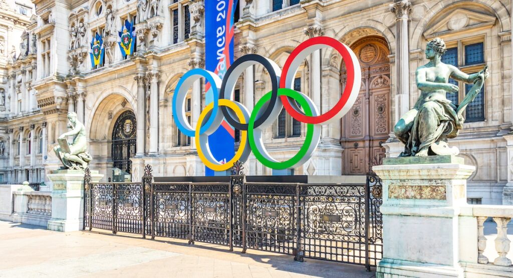 Paris, France - September 10, 2023 : Olympic rings of Paris 2024 summer games on Place de l'Hotel de Ville square