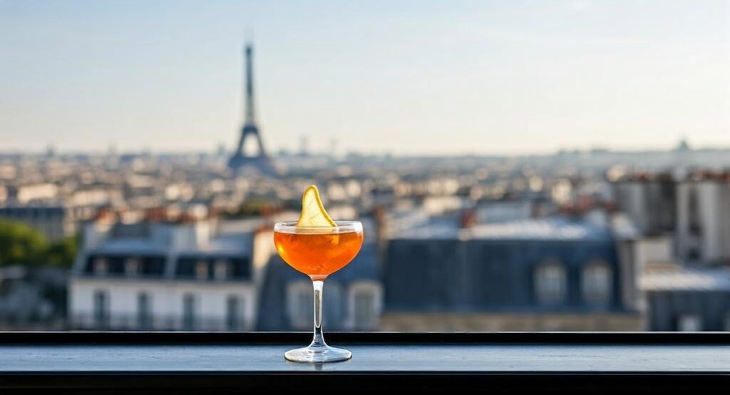 Outdoor photo of french cocktail with paris view