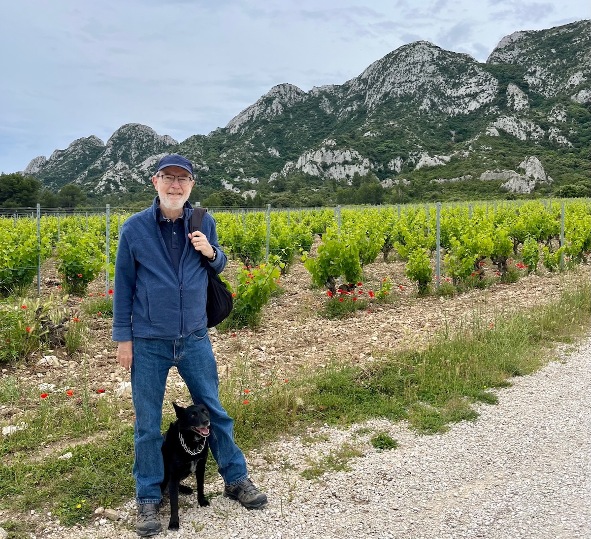 Man with dog in front of mountains