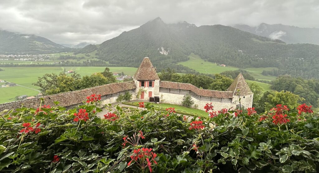 View of Château de Gruyères from castle balcony