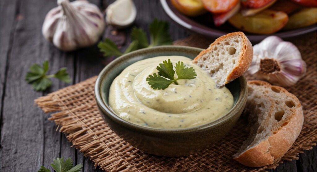 Creamy, garlicky aioli in a rustic bowl with freshly baked bread and roasted garlic on a woven table mat.