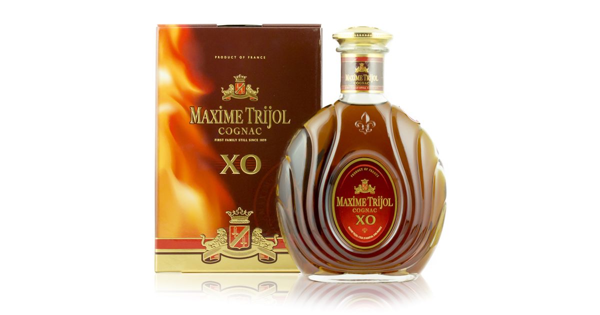 Round bottle of cognac and decorative box
