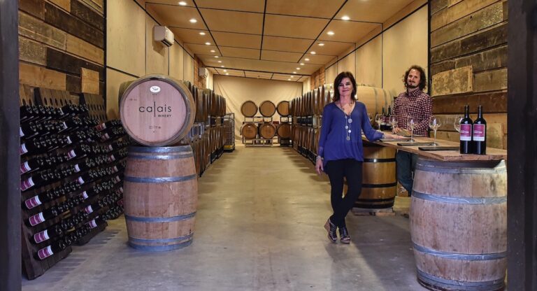 Man and woman standing by barrels in winemaking facility