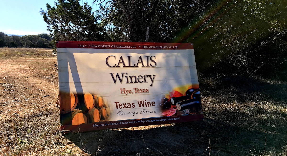 Calais Winery sign in the Texas countryside