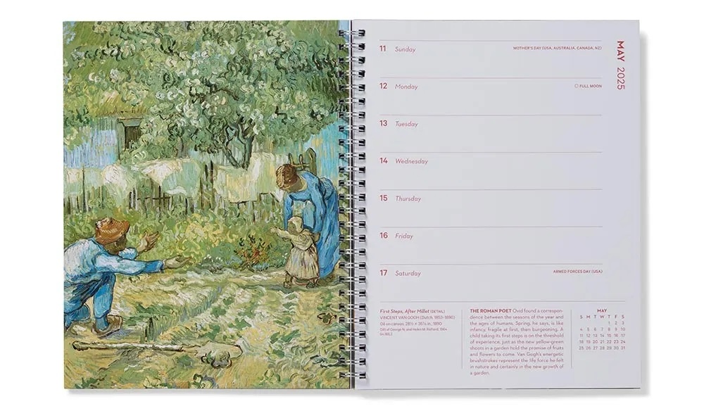 Open spiral-bound calendar with Impressionist print