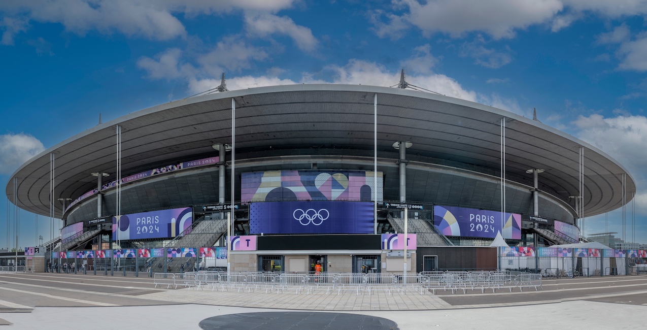 Paris, France - 07 19 2024: Paris 2024 new Olympic infrastructure. Exterior view of the Stade de France building in Saint-Denis