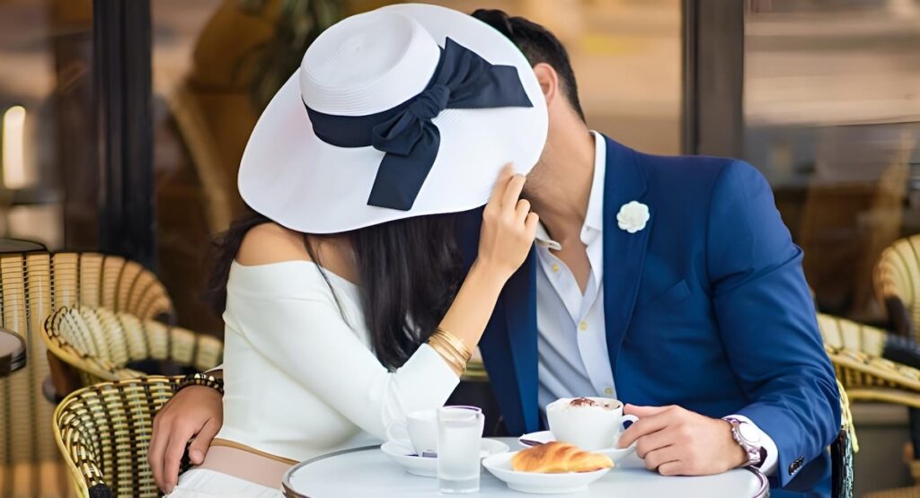 Man and woman with large hat kissing at cafe