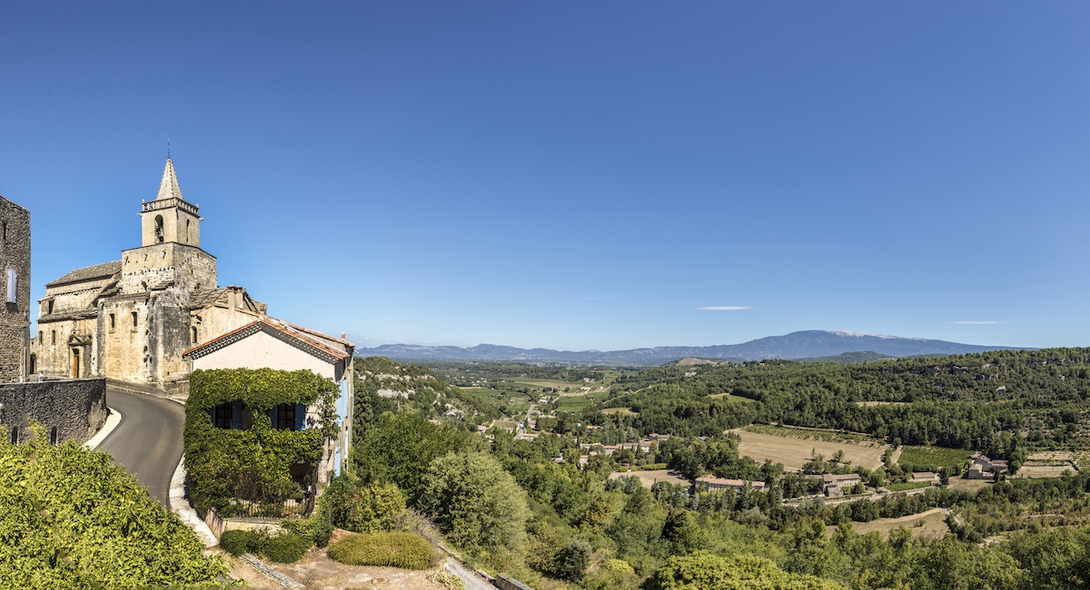 view from Venasque with old church to landscape of Luberons, Provence, France