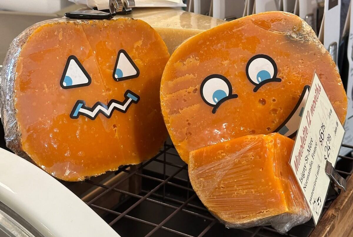 Mimolette designed as pumpkins for the holiday at Chantal's Cheese Shop in Pittsburgh, Pennsylvania