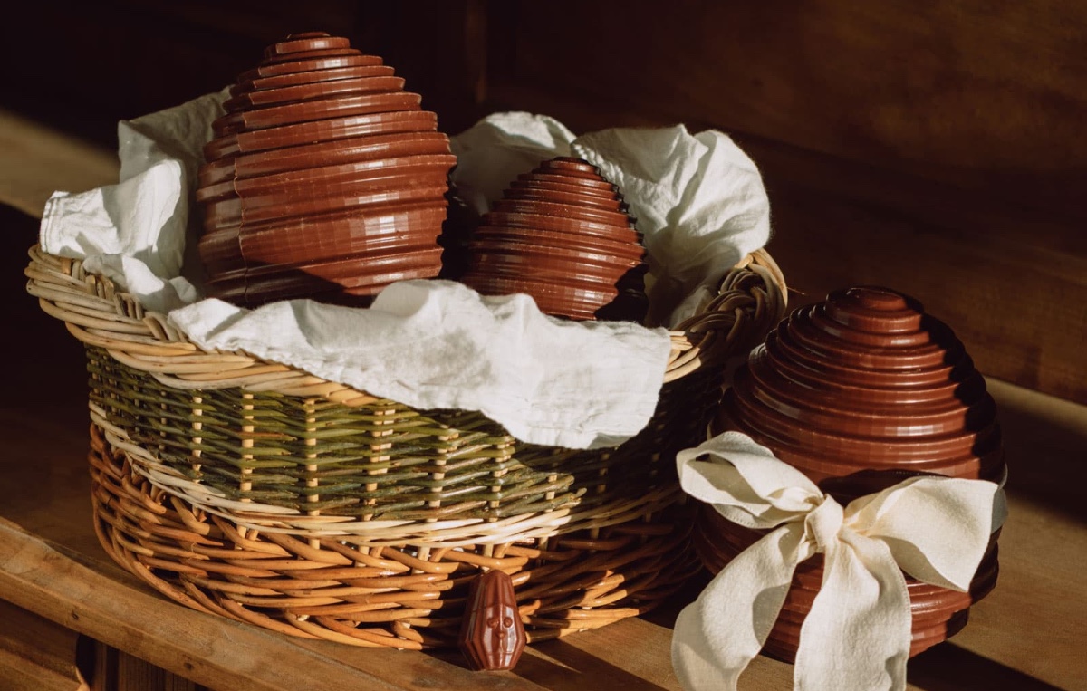Geometric chocolate eggs in basket from Alain Ducasse.