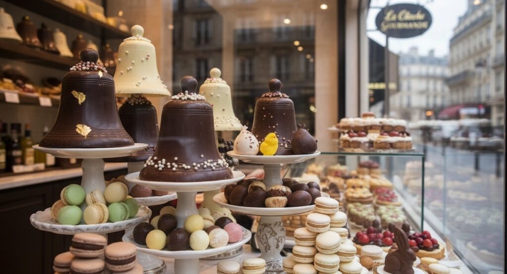 Chocolate bells and Easter candy in a French shop window.