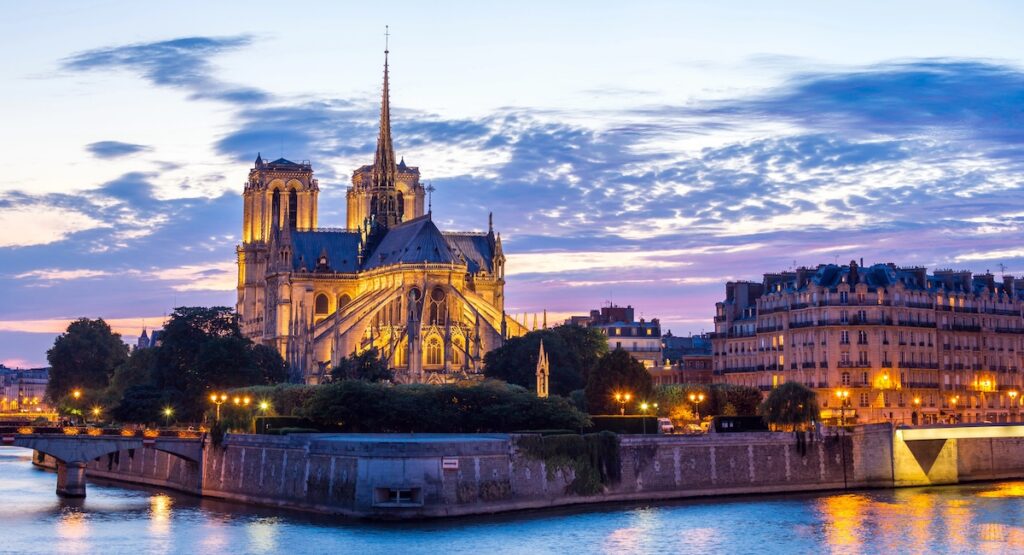 View of the Notre Dame cathedral at sunset