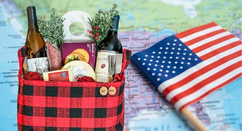 French food products beside American flag