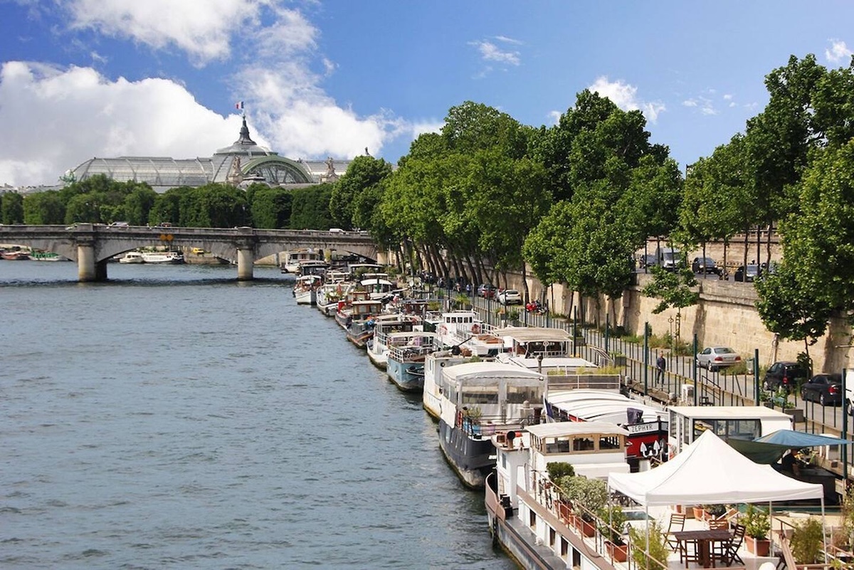 View of houseboats docked along Seine