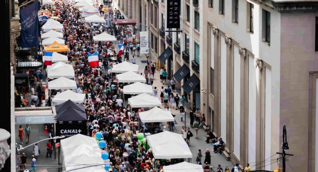 Overhead view of tents set up along Madison Avenue