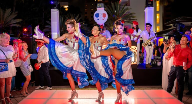 Cancan dancers in red, white, and blue