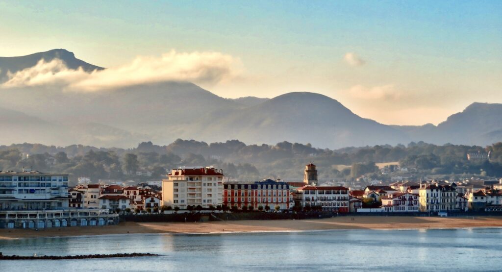 Clouds and mountains behind waterfront view of Saint-Jean-de-Luz