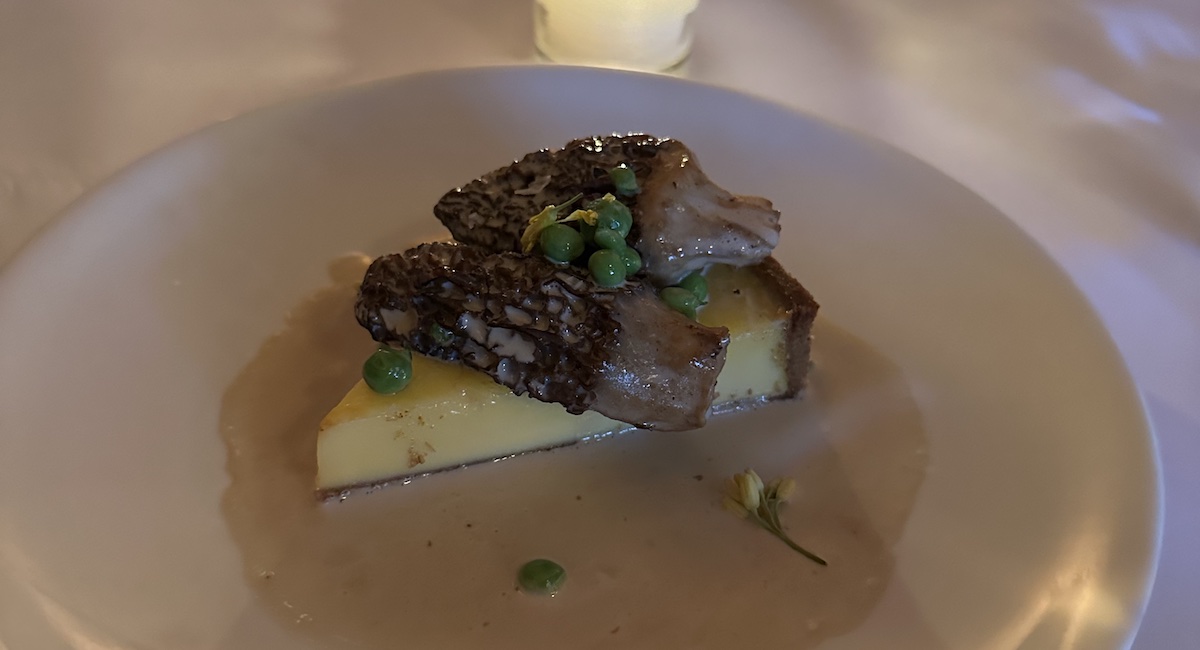 Comté tart with morels and peas at Bridges