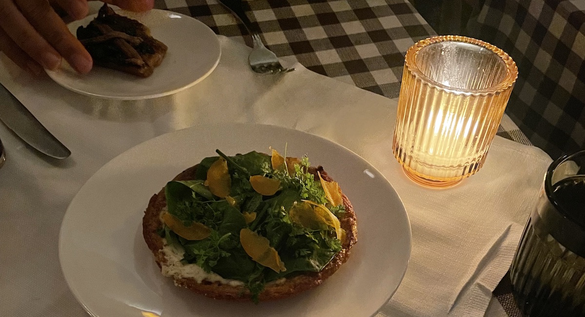 Socca with creme fraiche and bottarga at Zimmi's