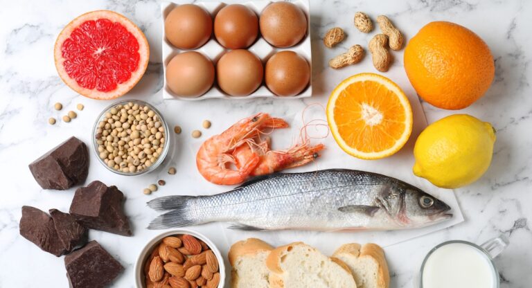 Assortment of ingredients on marble counter
