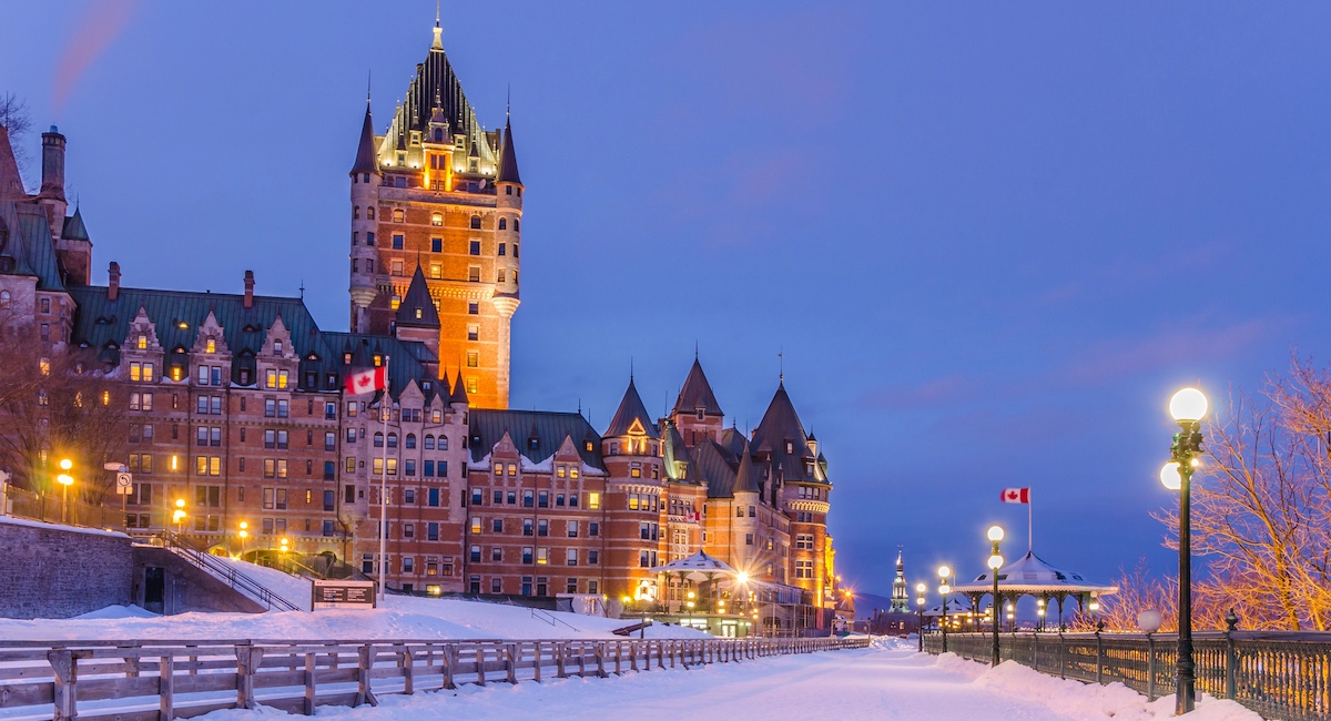 Chateau Frontenac in Quebec City in winter, covered in snow