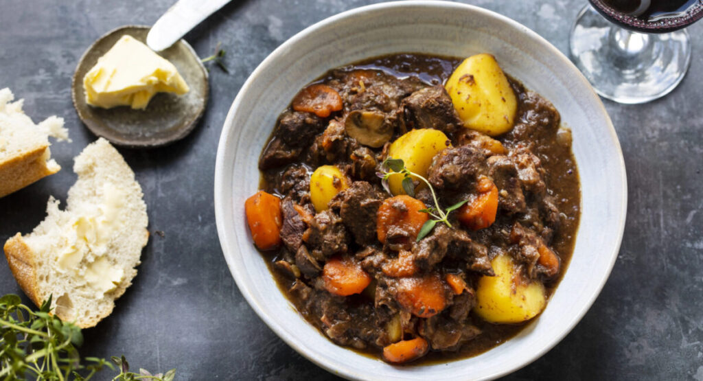 A plate of beef bourguignon.