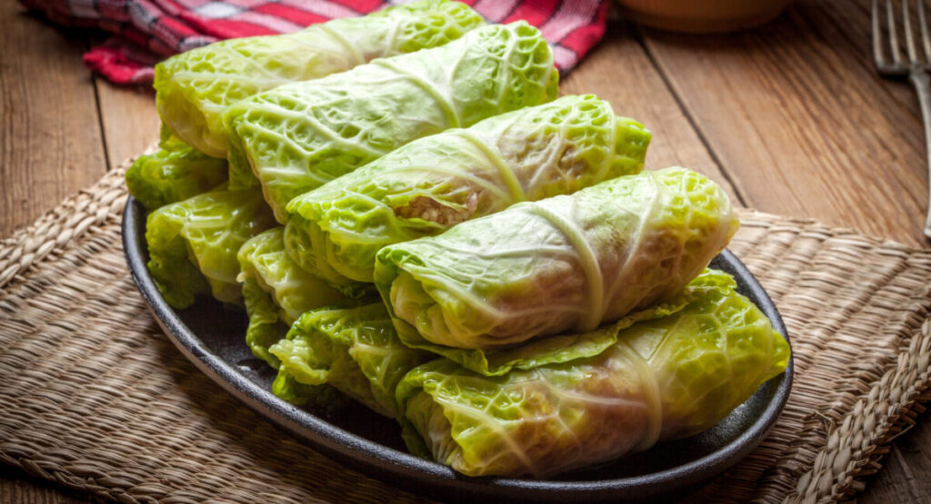 Stuffed cabbage rolls on a plate.
