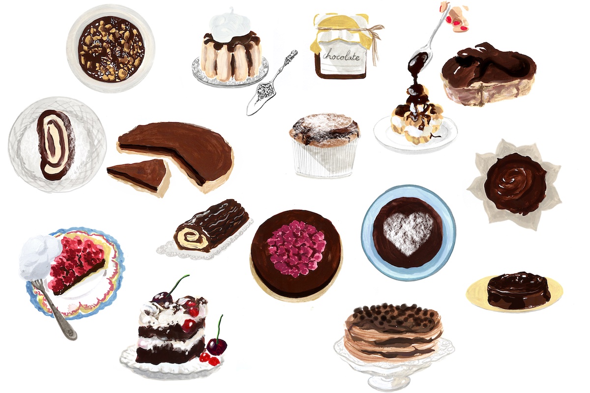 Assortment of illustrations of French chocolate desserts