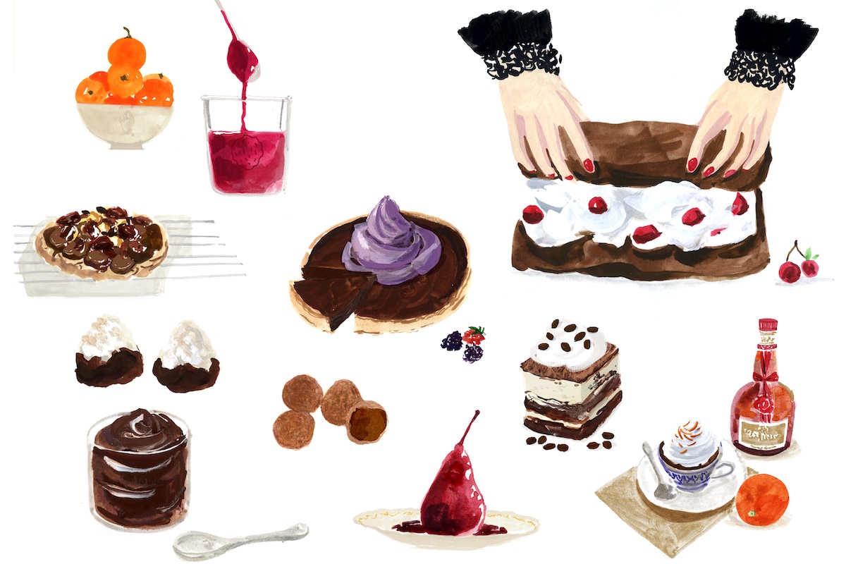 Assortment of illustrations of French chocolate desserts
