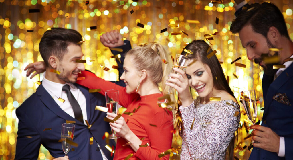 Two young couples have fun.