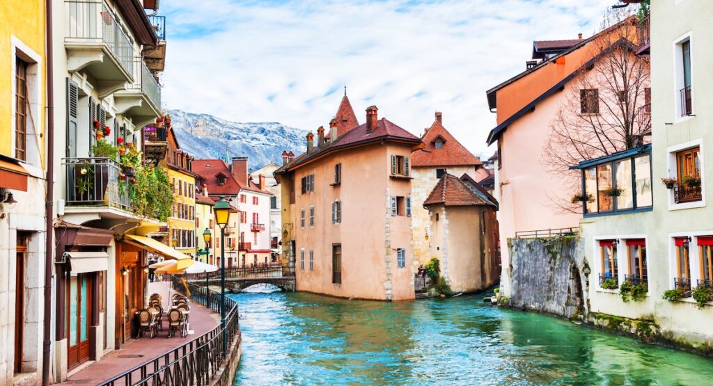 The pastel medieval buildings in the town center of Annecy