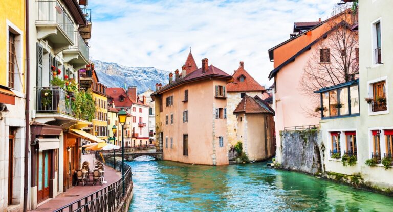 The pastel medieval buildings in the town center of Annecy